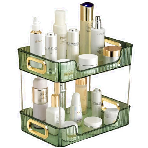 CESTATIVO Bathroom Organizer Countertop, 2 Tier Vanity Tray, Skincare Makeup Organizer Shelf, Vanity Organizer, Bathroom Counter Shelf for Cosmetics, Toiletries, Lotions, Perfumes, Green