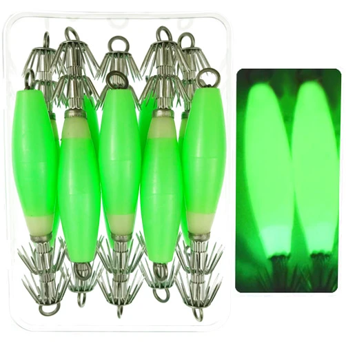 JSHANMEI Luminous Squid Jig Hooks Stainless Steel Needles Fluorescent Fishing Cuttlefish Sleeve Squid Jig Baits Night Fishing Saltwater Lures Glow Squid Catcher Hard Baits