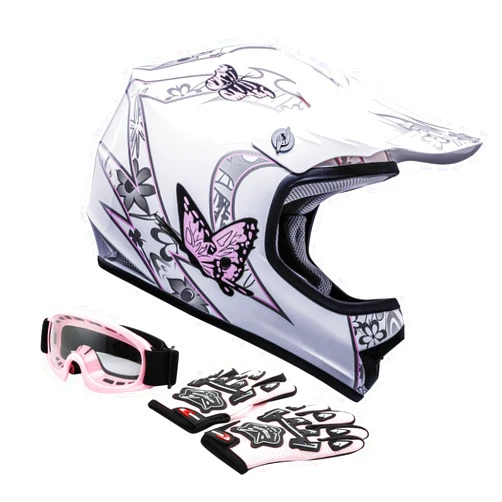 TCT-MOTORPARTS Pink Butterfly Girl DOT Kids Youth Motocross Helmets ATV Off-Road Dirt Bike Motorcycle Full Face Helmet+Gloves+Goggles X-Large