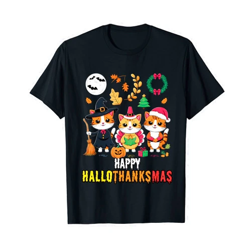 Cat Halloween Christmas Thanksgiving Cat Lover Tee Happy Hallothanksmas Thanksgiving Halloween Cat Christmas T-Shirt