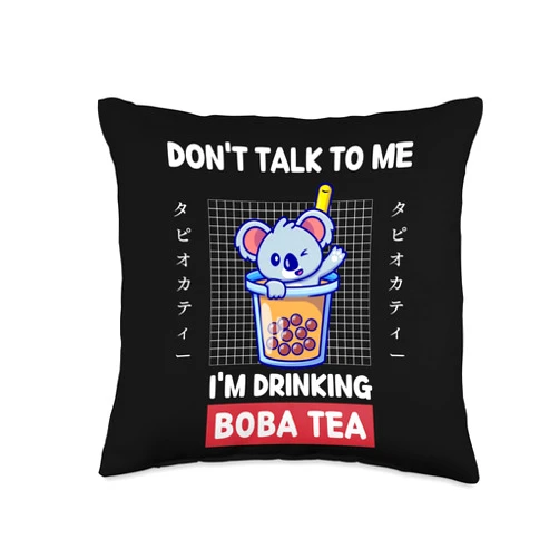 Retro Koala Don't Talk To Me I'm Drinking Boba Tea Koala Don't Talk to Me I'm Drinking Boba Tea Japanese Style Throw Pillow, 16x16, Multicolor
