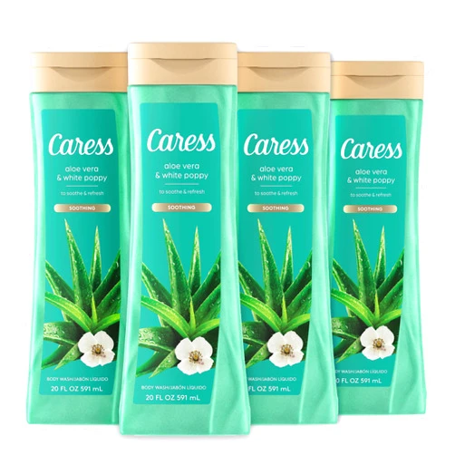 Caress Body Wash for Women, Aloe Vera & White Poppy, Soothing Shower Gel to Soothe and Refresh Skin, 20 fl oz, 4 Pack