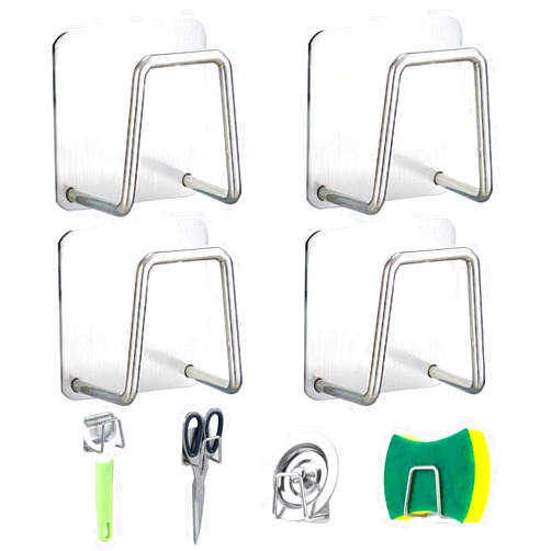 Elykorrne Sponge Holders for Kitchen Sink, Sponge Holder Stainless Steel Kitchen Sink Caddy, Strong Adhesive, Rustproof&Waterproof, Minimal Size, with 4+2 (2 spares) 3M-adhesive sticker-Silver, 4 Pack