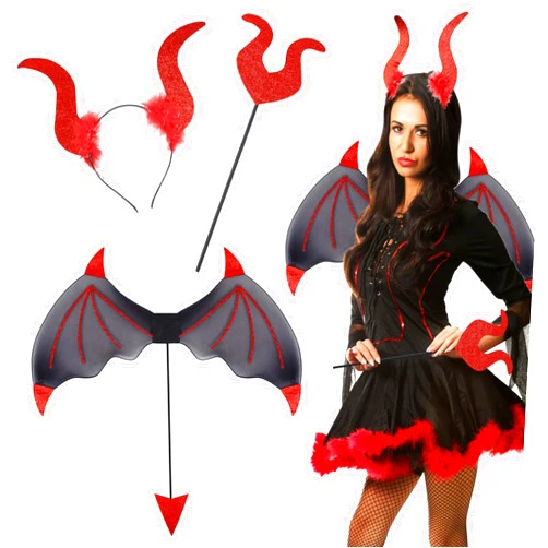 Cakmecwy 3 Pieces Red Devil Costume Set Halloween Devil Costume Accessories Black Devil Wings, Demon Wand, Sequin Devil Horn Headband Cosplay Accessory Kit Halloween Party