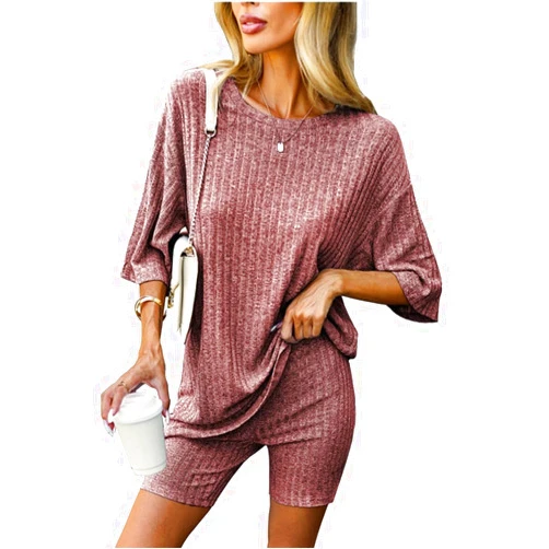 Generic Women's Fashion Rowan Knit Round Neck Loose Half Sleeve T-Shirt Shorts Two Piece Set