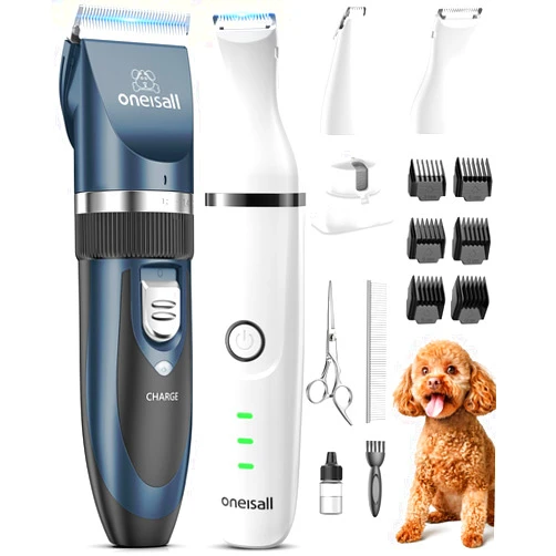 oneisall Dog Clippers and Dog Paw Trimmer Kit 2 in 1 Low Noise Cordless Dog Clippers for Grooming Pet Hair Trimmers for Small and Large Dogs Cats Animals