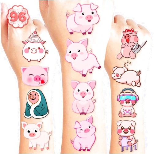 Frawharmone 96PCS Cute Pig Pre-Cut Temporary Tattoos Themed Barnyard Birthday Party Decorations Supplies Favors Decor Funny Pink Little Piggy Farm Animals Tattoo Stickers Gifts For Kids Boys Girls School Carnival