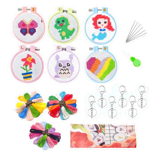Chwang 6 Sets Cross Stitch Kits for Kids，Embroidery Beginner Stamped Kits with Instructions, Keychains, Hoops for Girls Backpack Charms and DIY Embroidery Ornaments (6 PCS)