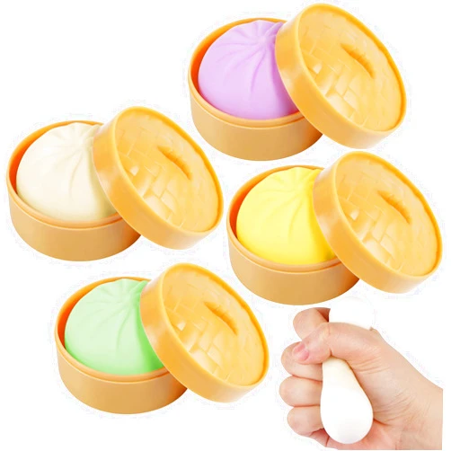 EVERMARKET 4 PCS Colorful Dumpling Squishes Stress Balls Fidget Sensory Toys,Simulation Food Squishies Bun with Little Steamer Squeeze Dough Ball Stress Relief Hand Toy,Anti-Anxiety Stretchy Toy for Kids Adult