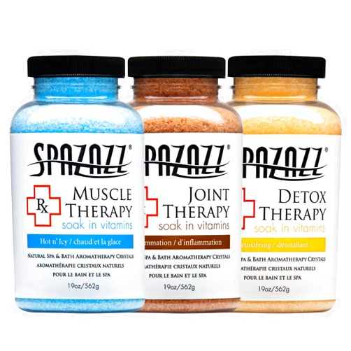 SPAZAZZ Spa & Hot Tub RX Therapy Muscle Detox Joint Bundle 3 Pack Gift Set - Spazazz Therapeutic Mineral Dead Sea Bath Salt Crystals Collection Includes Hot Cold Towel & Five Point Full Body Massager (19 oz)