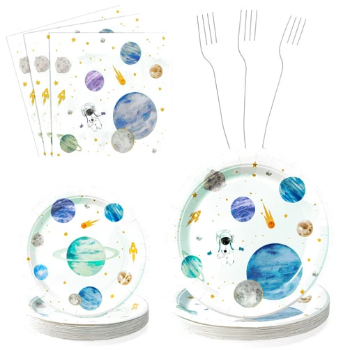 WATINC 96pcs First Trip Around the Sun Space Party Tableware Set, Outer Space Birthday Table Decorations Supplies for 24 Guests, Solar System Plates Napkins Forks Parties Favors for Boys Girls