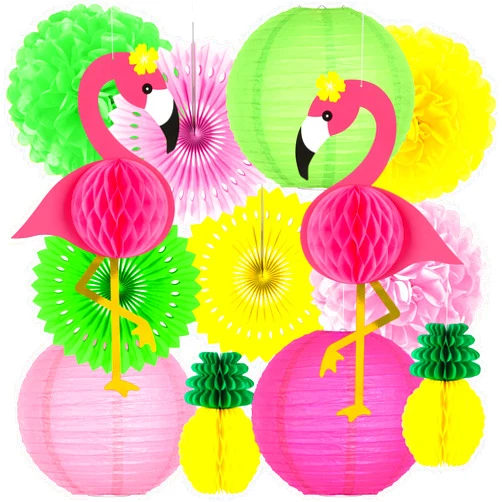 Heartome 13PCS Hawaiian Party Decorations, Luau Party Decorations, Flamingo and Pineapple Honeycomb Paper Flowers Fans and Ball Lanterns for Summer Tropical Beach Party Decorations Supplies Favors