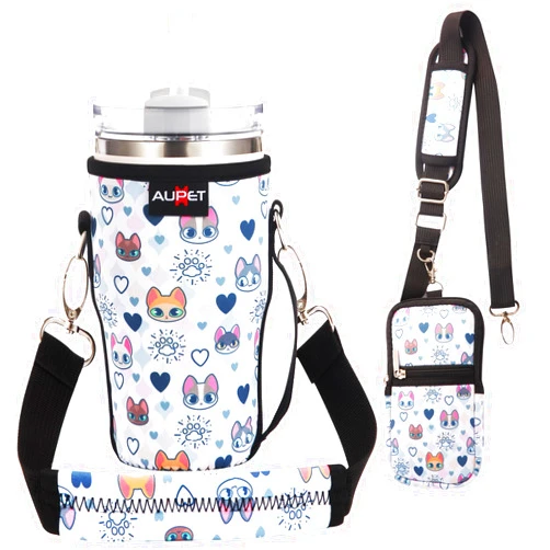 AUPET Holder Carrier for Stanley Cup Accessories,Cup Bag with Phone Pouch,Water Bottle Sleeve Sling with Strap for Stanley 20/14 oz Tumbler (Cute cat Heart, fit for Stanley Tumbler 14oz)