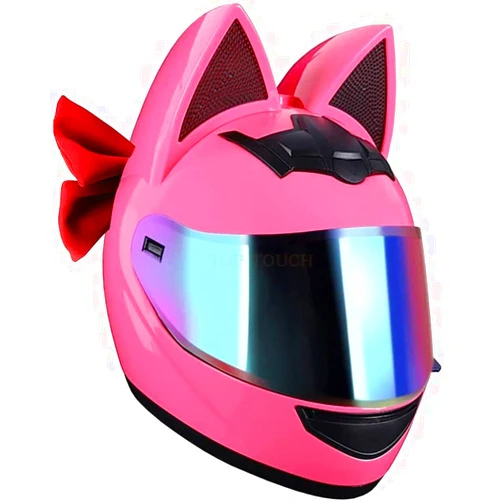 ESRADA DOT Approved Cat Ears Motorcycle Street Helmets Breathable Cool Girl Men Women Couple Helmet Street Moto Full Face Helmet with Visor, Adult Flip Up Visors Motocross Helmet, All Seasons