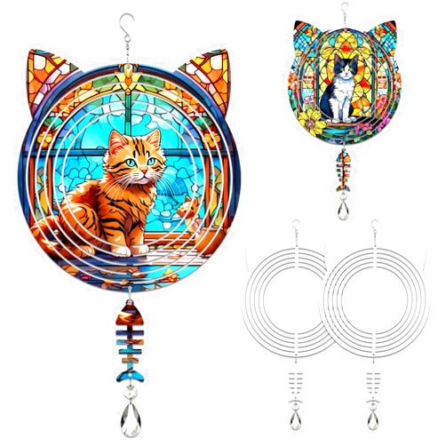 WindMage 4Pack 8 inch Sublimation Wind Spinner Blanks 3D Aluminum Metal Wind Sculpture Kinetic Spinners for Yard and Garden Indoor Art Ornaments Hanging Decoration (Cat)