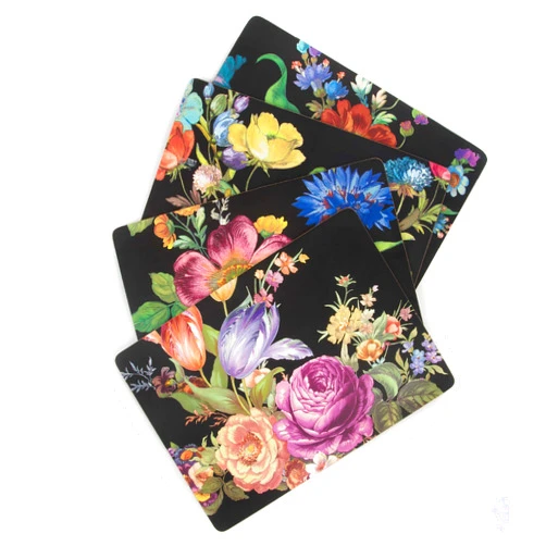 MacKenzie-Childs Flower Market Placemats in Lapis Black, Hard-Finish Washable Table Mats, Set of 4