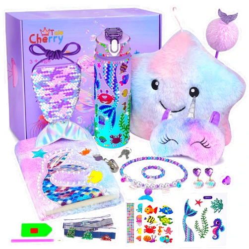Cherry Tale Mermaid Gifts for Girls Age 5 6 7 8 9 10, Girls Mermaid Birthday Gifts Set with Light Up Star Pillow Diary Plush DIY Water Bottle Kits Christmas Presents Toys