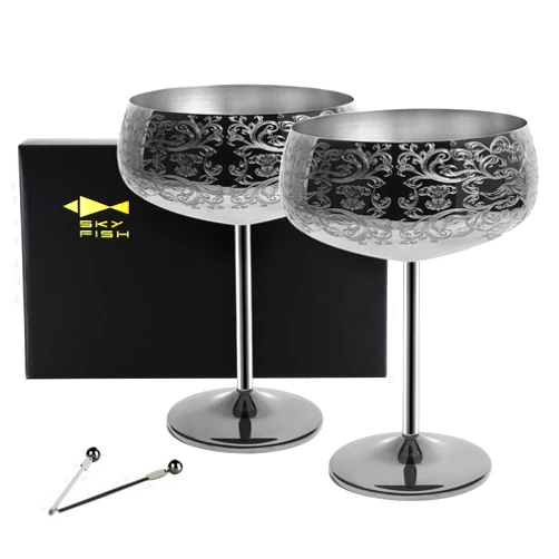 Sky Fish 14 oz Etching Martini Cocktail Glasses,Black Plated Stainless Steel Set Of 2 With 2 Cocktail Picks