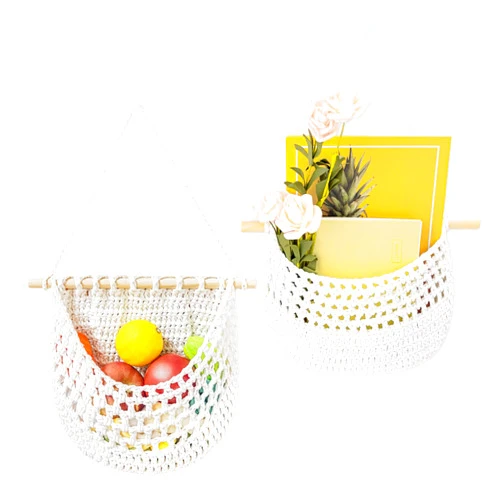 Luxanna Hanging Fruit Basket Macrame Over the Door Organizer, Cotton Cord Handmade Woven Wall Baskets for Organizing, BOHO Decor, Storage RV Kitchen Livingroom (white-2Pcs)