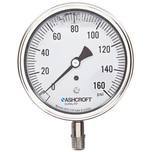 Ashcroft Duralife Type 1009 Stainless Steel Case Glycerin Filled Pressure Gauge, Stainless Steel Tube and Socket, 3.5