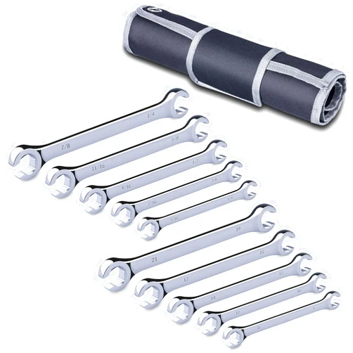 EFFICERE 10-Piece Complete Metric and SAE Flare Nut Wrench Set with Pouch | Metric 9mm - 21mm, Inch 1/4” - 7/8” | Cr-V Steel, 6-Point Double-End Design, Perfect Line Wrench for Fuel, Brake and Air Conditioning