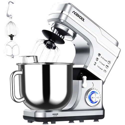 Acekool Stand Mixer 7.5QT 10-Speed 660W Tilt-Head Kitchen Electric Food Cake Mixer with Stainless Steel Bowl, Whisk, Dough Hook, Beater & Splash Guard, Silver
