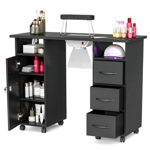yotefe Nail Desk for Nail Tech with Dust Collector, Acetone Resistant Manicure Table Nail Table Station with 3 Dust Bag & Wrist Rest, Nail Beauty Workstation with Drawers Storage Cabinet, Black