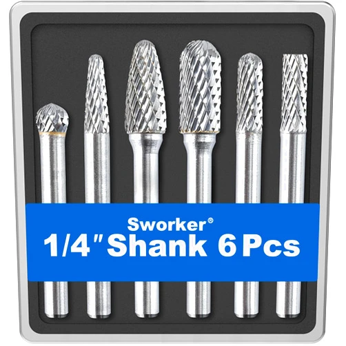 Sworker 6 Pcs 1/4 Carbide Burr Set 1/4 Shank Die Grinder Bits Drill Bits Grinding Bits for Metal Rotary Tool Attachment Accessories Rasp Weld Wood Stone Deburring Compatible with Milwaukee Dewalt