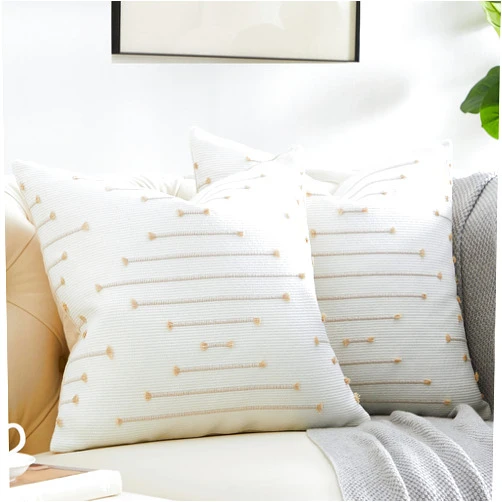 GIGIZAZA Beige Boho Pillow Covers 18x18,Set of 2,Cotton Linen Decorative Throw Pillow Covers for Coush Sofa Square Pillow Cushion Case