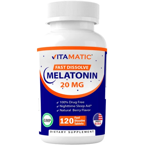 Vitamatic Melatonin 20mg Tablets | Vegetarian, Non-GMO, Gluten Free | HIGH Potency 20 MG | Natural Berry Flavor 120 tablets