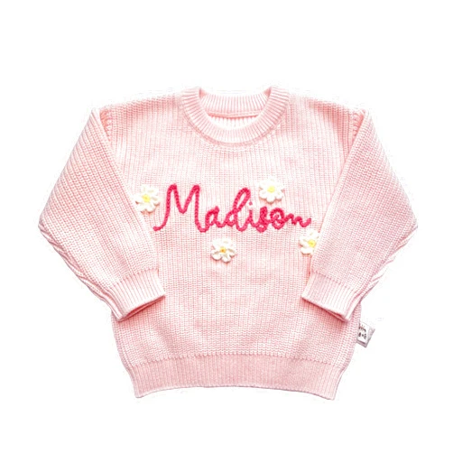 SINUOLIN 2023 Custom Hand Embroidered Sweaters Personalized Toddler Baby Girl Sweater Custom Knit Puffy Letter Crewneck Boho Sweater Baby Warm Gift