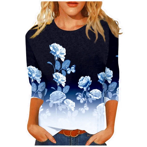 Generic Women Tops and Blouses Summer Lightweight 3/4 Sleeve Crewneck Shirts Trendy Floral Printed Going Out Tees Tops