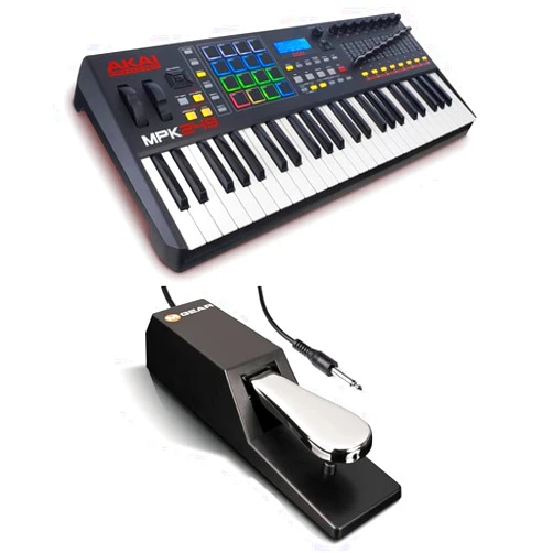 AKAI Beat Maker Bundle – 49 Key USB MIDI Keyboard Controller With 16 Drum Pads, Sustain Pedal and Pro Software Suite – Akai Pro MPK249 + M-Audio SP-2