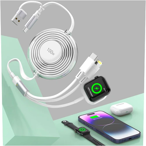 MTAKYA 100W Retractable Multi 5-in-1 USB A/Type C to Lightning+USB C+Apple Watch Charger Cable,Super Fast Charging Cord for iWatch Series9 8 7 6 5 4 3 2 SE/iPhone 15 14 13 12 11/ iPad Pro/Samsung-White