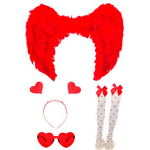 MIUSKATL 4 PCS Valentines Day Outfit Costume Accessories - Angel Wings | Heart Headband | Heart Sunglasses | Thigh High Stockings