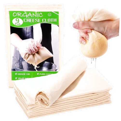 SUKKI Cheese Cloths for Straining Reusable, 9Pcs Grade 100 Cheese Cloth 20 x 20 Inch, Ultra-fine Weaved Muslin Cloth with Hemmed Edges, Unbleached Cheesecloth for Straining, Juicing, Baking, Cheese Making