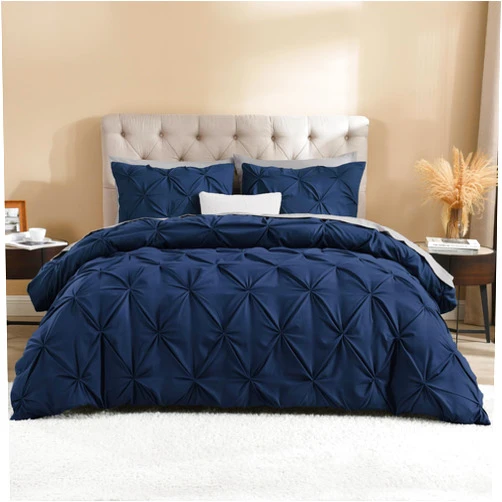 Litanika Navy Blue Pinch Pleat Duvet Cover Queen, 3 Pieces Pintuck Cover Soft Microfiber Bedding Set with Zipper Closure & Corner Ties(90x90Inch-1 Duvet Cover, 2 Pillowcases)