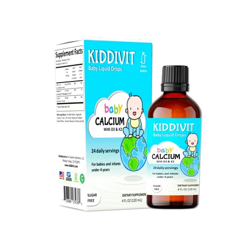Kiddivit Baby Calcium Liquid Drops with Vitamin D3 & K2-24 Daily Servings, 4 Fl Oz (120 mL) - Inulin Fortified (Prebiotic, Dietary Fiber) - Sugar Free, Gluten Free, Vegetarian Friendly
