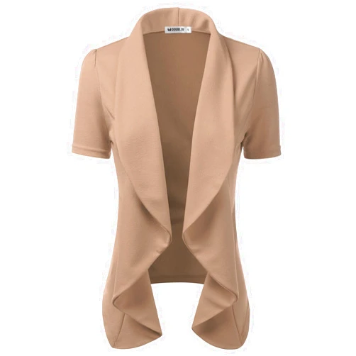 DOUBLJU Casual Draped Ruffles Blazer Short Sleeve Basic Open Front Cardigan Jacket for Womens with Plus Size Work Office Suit