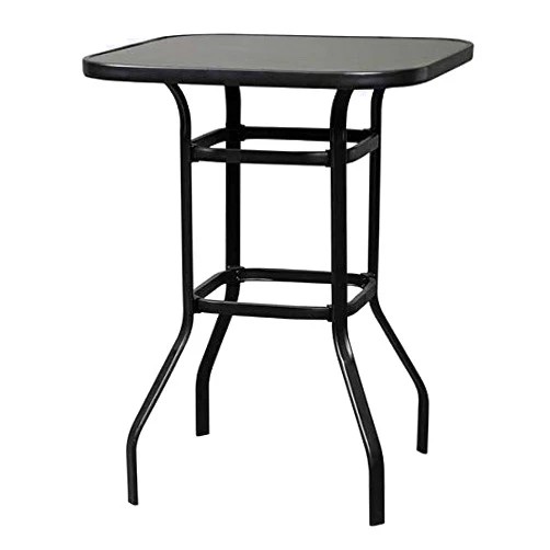 Simonseason Patio Table, Wrought Iron Glass High Bar Table Bistro Table for Home Patio, Back Yard, Cafes, Bistro, Restaurants and Chic Bars, Simple and Modern Design- Black