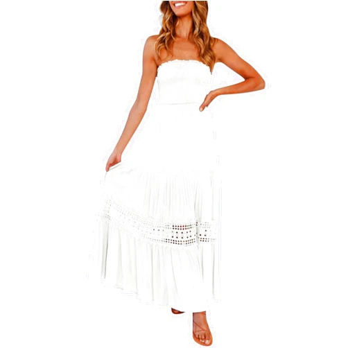 8QIDA Womens Summer Bohemian Strapless Off Shoulder Lace Trim Backless Flowy A Line Beach Long Long Dress Casual for