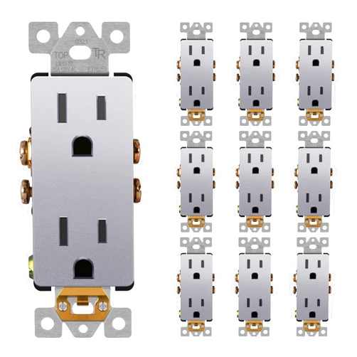 LIDER Matte Finish Decorator Receptacle with Interchangeable Face Cover, Child Safe Tamper-Resistant Wall Outlet, Commercial Grade, Self-Grounding, 15A 125V, UL Listed, LR15-TR-SV, Silver,10 Pack