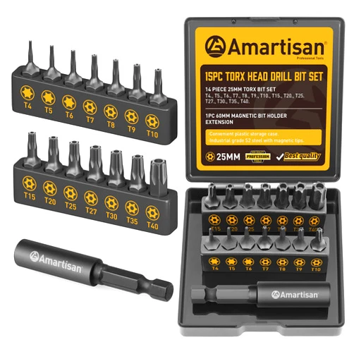 Amartisan Torx Bit Set, Amartisan 15-Piece Security Torx Bit Set, Tamper Resistant Star Bits Set S2 Steel, 1