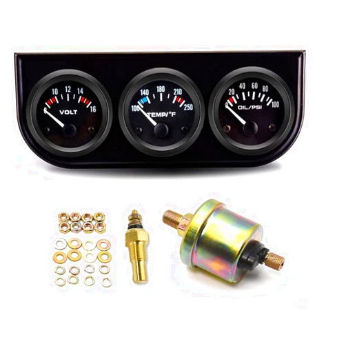 DriSentri Triple Gauge Kit, 52mm 3 in 1 Car Auto Gauge Kit (Voltmeter + Water Gauge + Oil Press Gauge), Triple Auto Dashboard Gauge Set with Black Console for 12V Cars