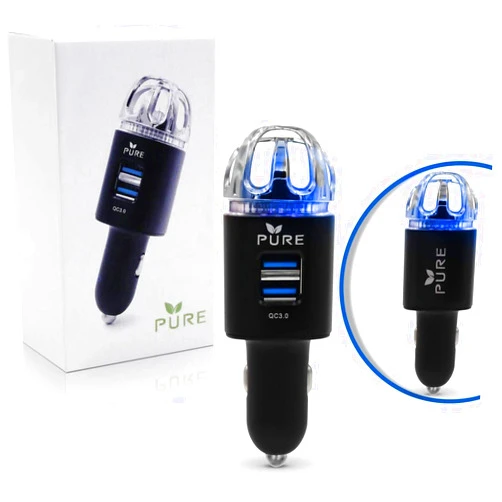 Pure Car Air Purifier Premium Air Ionizer & Car Charger Accessory w Dual USB Ports Quick Charge 3.0 Eliminate Allergens Bad Odor Pet Smell Smoke Pollen Mold Bacteria Viruses PM2.5 & VOCs Deodorizer