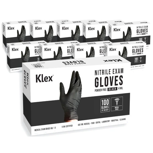 Klex Nitrile Exam Gloves - Medical Grade, Powder & Latex Free, Food Safe, Black, 100, 1000 Count, S, M, L, XL