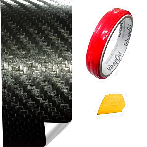 VViViD Black Carbon Fiber (2ft x 5ft) Automotive Vinyl Wrap + Wrap Cut (10M) Knifeless Tape with Yellow Detailer Squeegee - M0