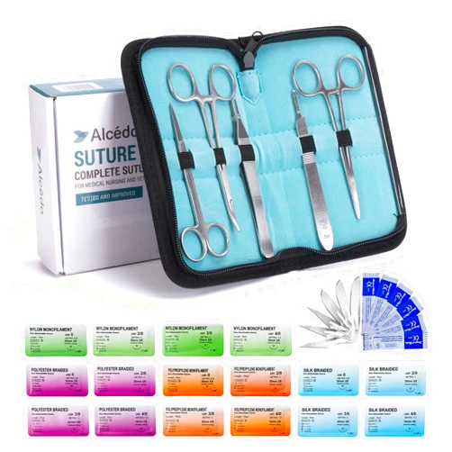 Alcedo Sterile Sutures Thread & Needle with Tools Kit, First Aid Field Emergency Supplies, 16 Mixed 0, 2/0, 3/0, 4/0 with 12 Instruments, Complete Kit (28 Pieces)
