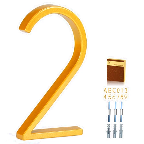 YIPLED 5 Inch House Numbers for Outside, Metal Address Number 2 - Modern Design, Weather-Resistant Gold Powder Coated Finish, No Fading (Gold)