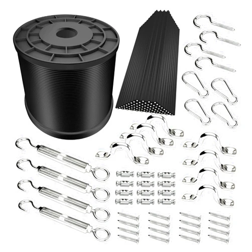 YQL Outdoor String Lights Hanging Kit,Globe String Lights Suspension Kit,164ft Black Vinyl-Coated 304 Stainless Steel Cable,String Light Guide Wire,Hook & Eye Turnbuckle Wire Rope Tension